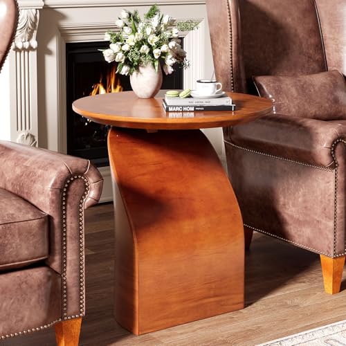 Tribesigns Round Side Table, Wood End Table with a Sturdy Base, Industrial Bedside Table Nightstand for Bedroom, Small Side Table Accent Table for Living Room, Easy Assembly, Brown Tribesigns