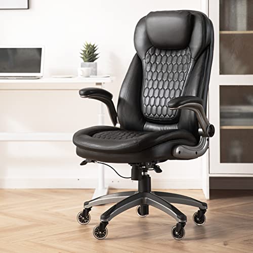 Executive Office Chair-Ergonomic Computer Desk Chair, High Back Leather Chair with Padded Flip-up Arms, Swivel Home Office Chair Upgraded Caster-Black COLAMY
