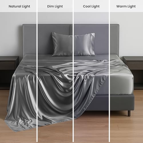 Lux Décor 3-Piece Twin Satin Sheet Set– Luxury Silky Soft 100% Polyester Woven Fabric, Deep Pocket Fitted Sheet – Smooth & Breathable Bedding with Pillowcase (Dark Grey) LDC LUX DECOR COLLECTION