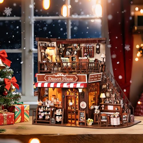 DIY Miniature House Kit, Dollhouse Fantastic Corner Shop for Adults to Build, Birthday/Christmas Day Gift for Family and Friends, Prefab Tiny Home with LED Lights,Corner Dessert House
