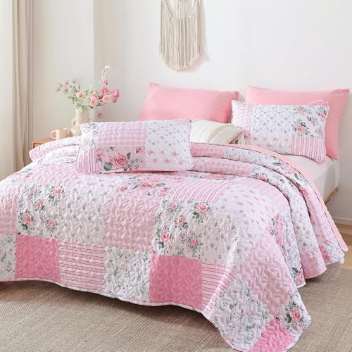 YIKUSH Quilt Sets Queen Size Floral Quilt Set 3 Pieces Bedding Set Bedspreads Pink Comforter Blanket with 2 Pillow Cases- Ultra Soft Floral Coverlet with Printed Pattern 90in.x 90in YIKUSH