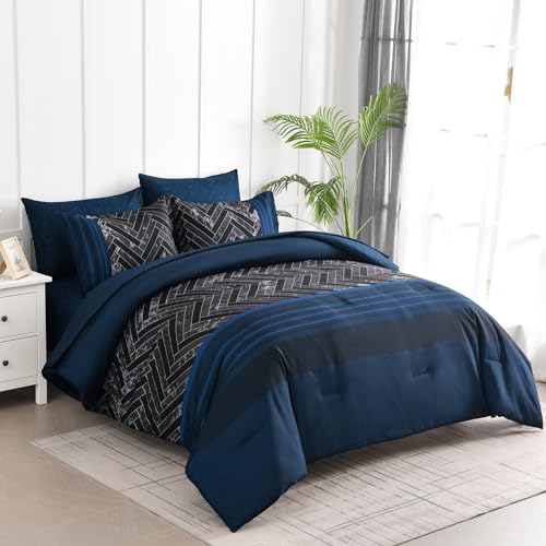 Luxudecor Navy Blue Comforter Set King Size, 7 Pieces Stripe Geometric Bed in a Bag, Soft Microfiber Navy Comforter and Sheet Set Complete Bedding Sets for All Seasons 104"×90" Luxudecor