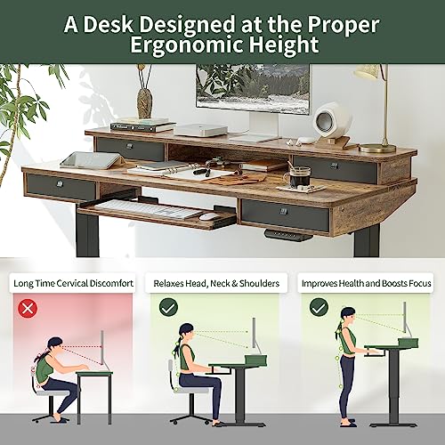 FEZIBO Height Adjustable Electric Standing Desk with 4 Drawers and Keyboard Tray, 55 x 24 Inch Table with Storage Shelf, Sit Stand Desk with Splice Board, Rustic Brown FEZIBO