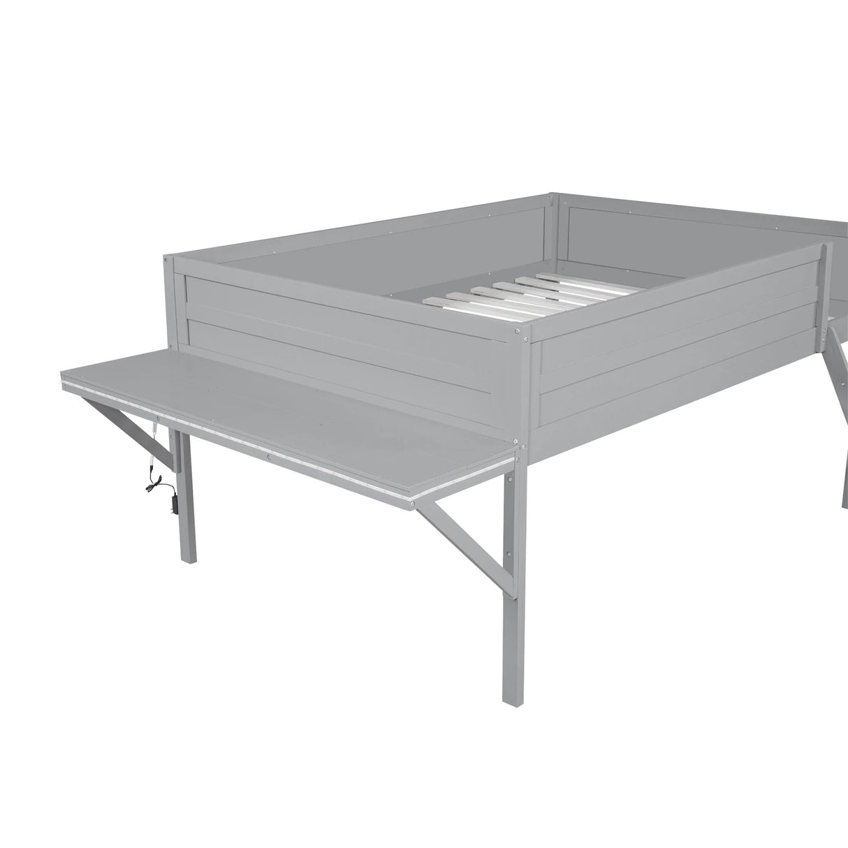 Full Size Wood Loft Bed with Desk and LED, Gaming Loft Bed Frame with Ladder, Grey MaiDeHaoo