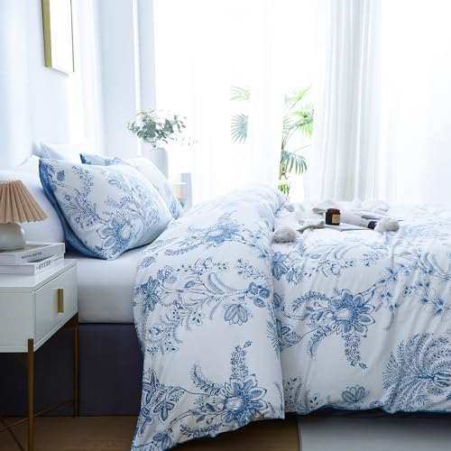 BOLINLIVING Floral Duvet Cover Full Size 3 Pieces, Flower Duvet Cover with 2 Pillow Shams, Soft Floral Bedding Set White and Blue for All Season, Breathable, Zipper Closure… BOLINLIVING