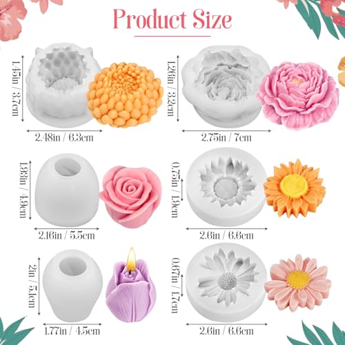 VvLons Flower Candle Molds, 6Pcs Rose, Peony, Tulip, Daisy, Sunflower, Chrysanthemum Flower Silicone Molds for Candle Making, Handmade Soap Gift, Aromatherapy Plaster, Epoxy Resin Casting