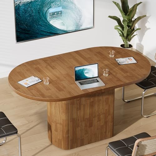 Tribesigns Oval Conference Table 47.24 Inches for 4 People, Rustic Wood Meeting Table with Polygon Base, Small Office Desk for Break Room, Seminar, Brown Tribesigns