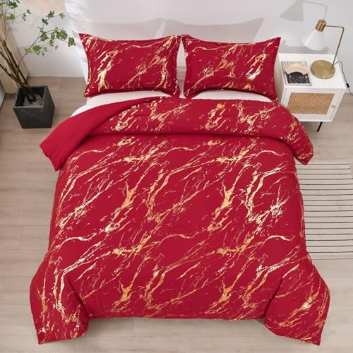 WONGS BEDDING Red Gold Metallic Marble Comforter Set King,Red Christmas Bedding Sets with 2 Pillowcases for All Seasons, Soft Microfiber Filling Bedding Duvet Set 103"x90"