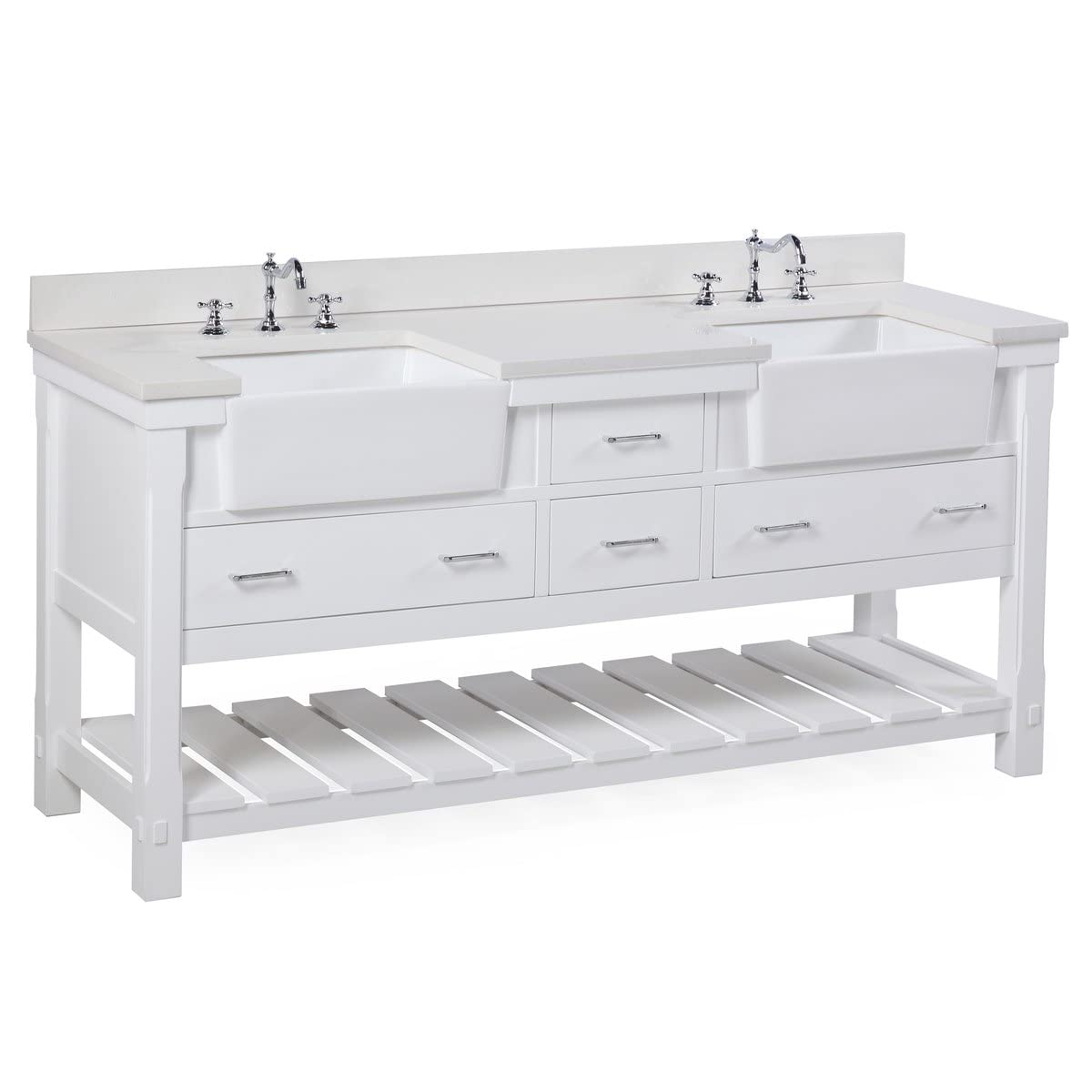 Charlotte 72-inch Double Farmhouse Bathroom Vanity: Includes White Cabinet with Quartz Countertop and White Ceramic Apron Sinks Kitchen Bath Collection