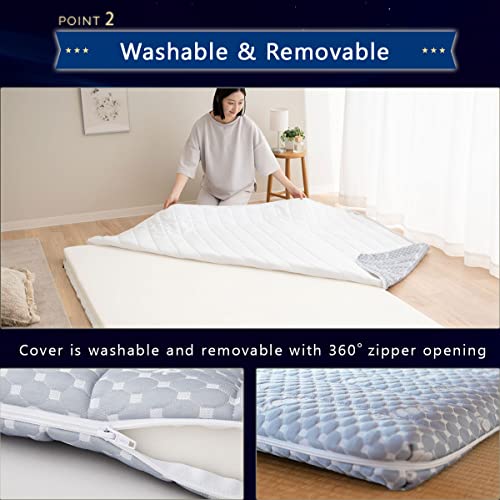 EMOOR Foldable Hybrid Futon Mattress, High-Resilience Urethane Foam 150N with Washable Padded Cover, Japanese Full (76.8x55.1x2.4in), Tatami Floor Sleeping Mat Pad Topper, Gray EMOOR