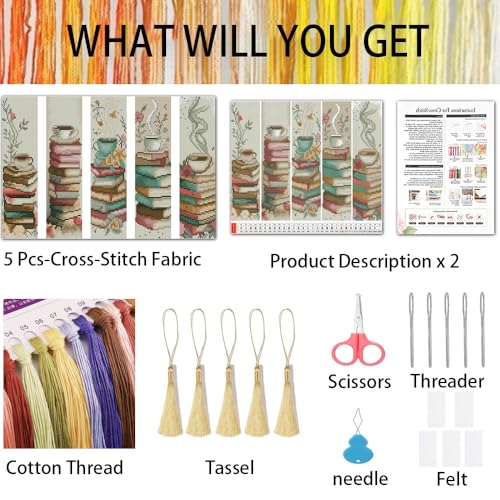 VIGEGU 5 Pack Cross Stitch Kits for Beginners,Coffee Stamped Cross Stitch Kits Bookmarks for Women,11ct Cross Stitch Embroidery Kit for Beginners Crafts for Adults