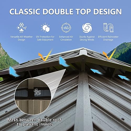 12’ x 16’ Hardtop Gazebo Outdoor Aluminum Wood Grain Gazebos with Galvanized Steel Double Canopy for Patios Deck Backyard,Curtains&Netting by domi outdoor living domi outdoor living