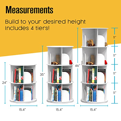 Rotating 4-Tier Bookshelf Display Tower - Space-Saving White Wood Bookcase for Kids and Adults Houseables