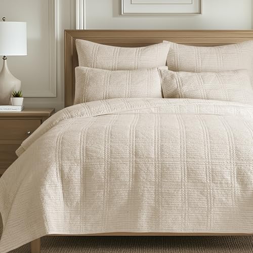 Levtex Home Cloud Waffle King/Cal King Quilt Set (106x92in) and 2 Pillow Shams (36x20) - Box Quilted Waffle Texture - Undyed Cream - Cotton King Size Quilt Bedding Set - Lightweight Soft Pre-Washed Levtex Home