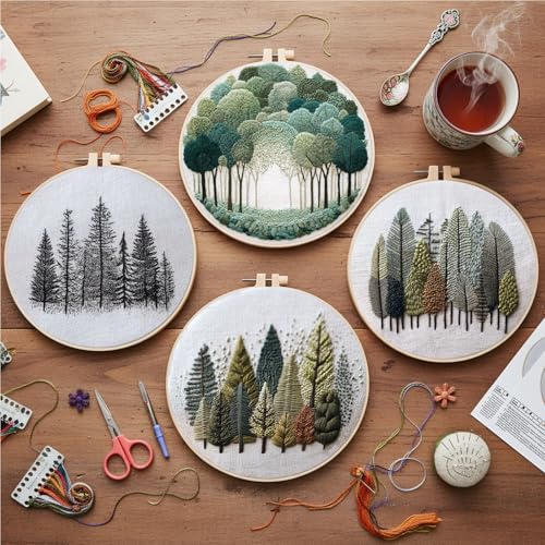 4 Pack Embroidery Kit for Adult - 15x15cm Pre-Stamped Tree Pattern Cross Stitch Kit with 5.91 Inch Bamboo Hoop, Floss, Needles - DIY Craft Kit for Home Decoration & Gift Giving