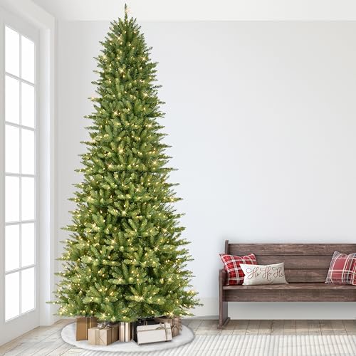 Puleo International 10 Foot Pre-Lit Slim Fraser Fir Artificial Christmas Tree with 900 LV Warm White LED Lights, Green Puleo International