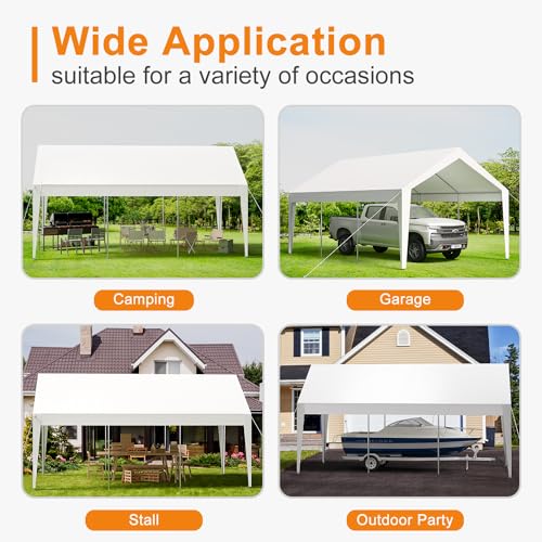 Garvee Carport, 10 ft x20 ft Extra Large Heavy Duty Carport, Portable Heavy Duty Garage Shelter with 8 Legs, Garage Tent for Car, Truck, SUV, Car Canopy with All-Season Tarp - White Garvee