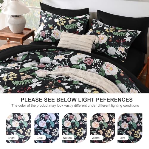 Anibedding 7Pieces Floral Queen Size Comforter Set, Garden Plant Flower Style Bed in a Bag Black White Bedding Comforter Set with Pillow Case for Bedroom Anibedding