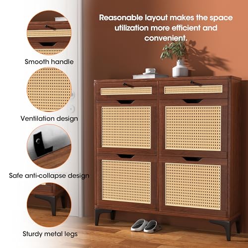 Algglobuy Rattan Shoe Storage Cabinet with 4 Flip Drawers for Entryway, Slim Narrow Shoe Organizer Cabinet with 2 Top Drawers, Dark Brown Algglobuy
