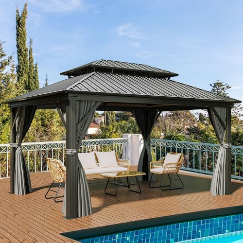 YITAHOME 12x16ft Hardtop Gazebo with Nettings and Curtains, Heavy Duty Double Roof Galvanized Steel Outdoor Combined of Vertical Stripes Roof for Patio, Backyard, Deck, Lawns, Gray YITAHOME