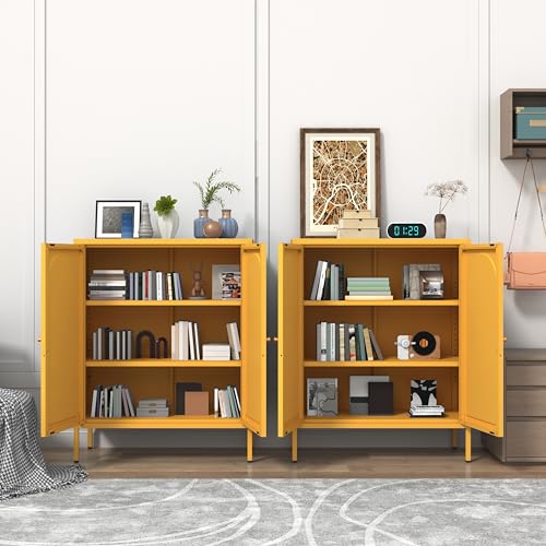 Yellow Metal Storage Cabinet Locker with 2-Adjustable Shelves 2 Door Multi-Purpose Organize Lockers 36‘’ Lockable Steel Sideboard with for Living Room Kitchen Entryway Size:36" H X 31.5" W X 13.8" D Kasfth