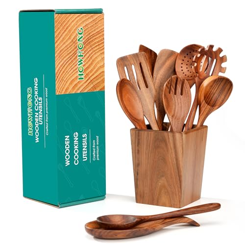 Wooden Spoons for Cooking, Acacia Wood Cooking Utensils Set – 11 Piece Wooden Kitchen Tools with Holder, Spoon Rest, Nonstick Cookware Safe by HOWHONG HOWHONG