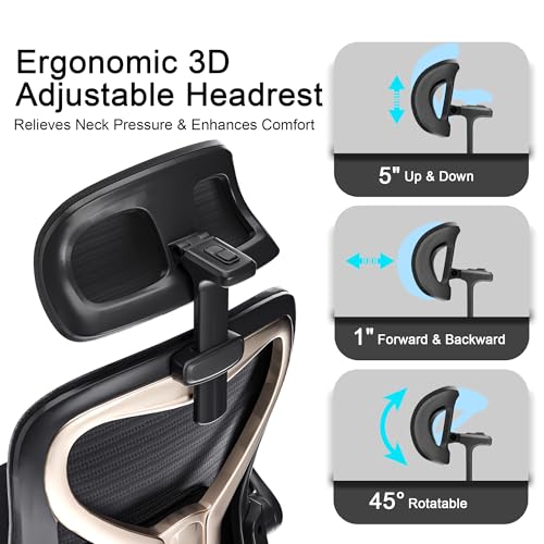 Ergonomic Office Chair, Mesh Desk Chair with Headrest, Lumbar Support, Thick Seat Cushion, Flip-up Arms, High Back Computer Task Chairs for Home Office (English, Black/Gold) CASASIO