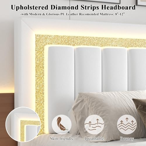 HOMBCK Floating Bed Frame Queen with Smart LED Lights, Faux Leather Upholstered Bed with Diamond PU Headboard, No Box Spring Needed, Noise-Free, Easy Assembly, White HOMBCK