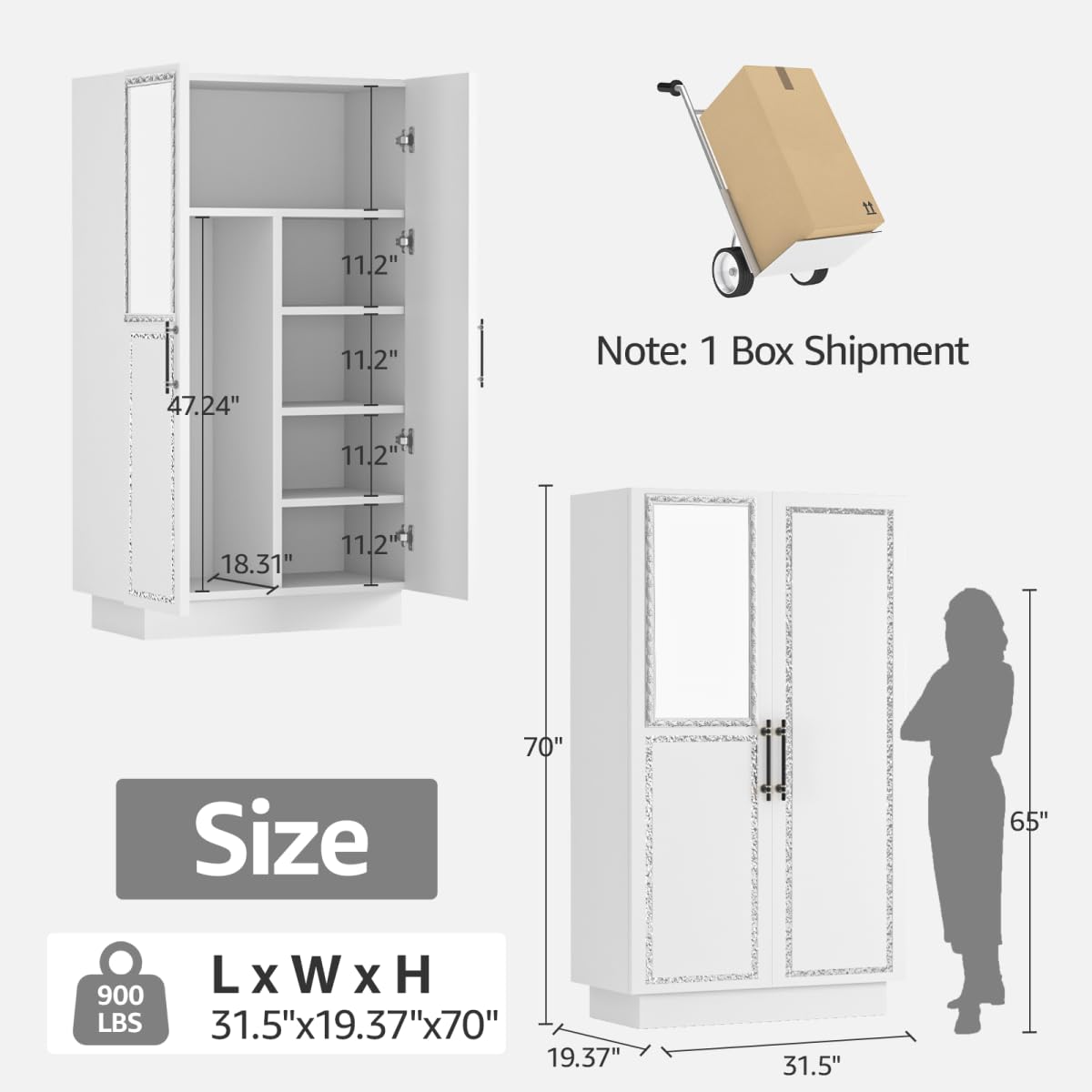 Lihimte 70" Armoire Wardrobe with Mirror Doors and LED Lights, 2 Doors Closet with Hanging Rod and Shelves, Large Capacity Wooden Storage Cabinet for Home, Bedroom, Office, Laundry Room, White Lihimte