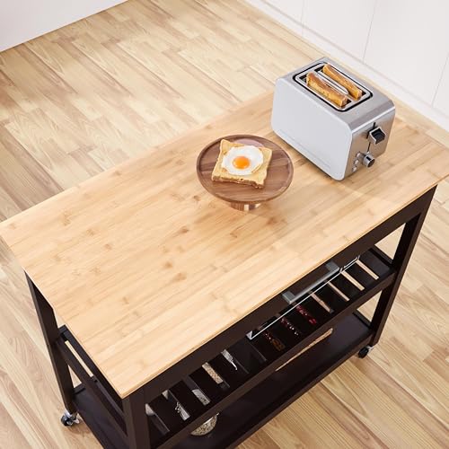 Yaheetech Kitchen Island on Wheels with Bamboo Tabletop, 3-Tier Rolling Kitchen Cart Microwave Oven Cart Serving Trolley with Drawer and Wine Storage Shelf, 20" D x 40" W, Espresso Yaheetech