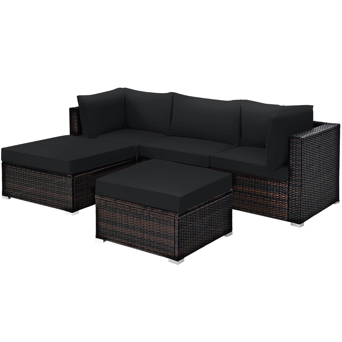 Tangkula 5 Piece Patio Rattan Furniture Set, Outdoor Sectional Rattan Sofa Set with Back & Seat Cushions, Wicker Conversation Set with Tempered Glass Table for Backyard Porch Poolside (Black) Tangkula