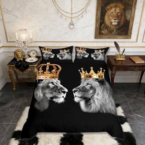 Lion Wild Animal Duvet Cover Set King Size,King and Queen Theme Golden Crown Comforter Cover with 2 Pillowcases,Tropical African Rustic Bedding Set for Adult Young Bedroom Xmas Gift (No Comforter) Castle Fairy