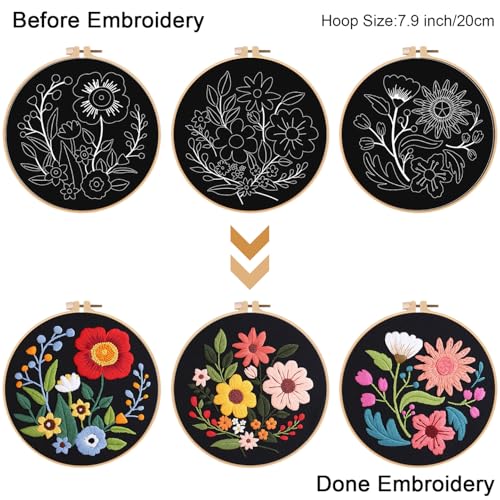 Louise Maelys 3 Sets Flowers Embroidery Kits for Beginners,Cross Stitch Kit for Adults,Crewel Starters Needlepoint with Floral Pattern,Hoop,Threads and Instruction