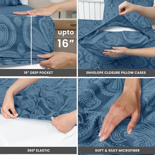 Ultra Soft Wrinkle-Free Microfiber Paisley King Sheet Set, Breathable Boho Bed Sheet Set – 16" Deep Pocket Fitted Sheet, Flat Sheet & 4 Pillowcases, Juegos de Sábanas, OEKO-TEX - Navy Blue LDC LUX DECOR COLLECTION