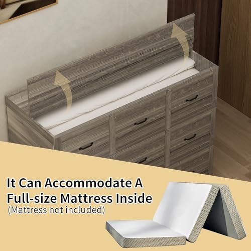 NEBZHASK Full Size Murphy Bed with Charging Station and Drawer Farmhouse Cabinet Bed Wood Space-Saving Hidden Folding Platform Bed Chest for Home Office Bedroom Guest Room Apartment,Gery