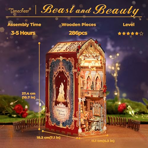Tonecheer DIY Book Nook Kit for Adults, 3D Wooden Puzzle Music Booknook Miniature Dollhouse, Fairy Tale Bookend Bookshelf Decor with Dust Cover and LED Lights Gifts (Beast and Beauty)