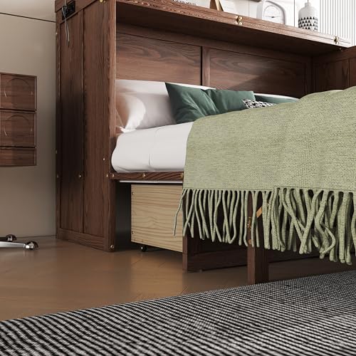Bellemave Queen Murphy Bed with Storage Drawer and Charging Station, Cabinet Bed, Farmhouse Murphy Cabinet with Foldable Panel, Noisy Free, for Guest Bedroom, Living Room, Walnut+Walnut Panel