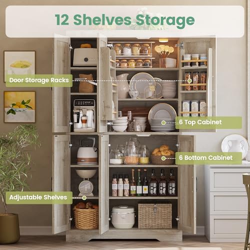 ANCTOR Kitchen Pantry Cabinet with LED Lights, 6 Barn Doors, 71.3" H ×39.4" W, Large Wooden Storage Cabinet with 12 Shelves, Freestanding Cupboard with Door Storage Rack for Dining Room, Rustic Maple ANCTOR