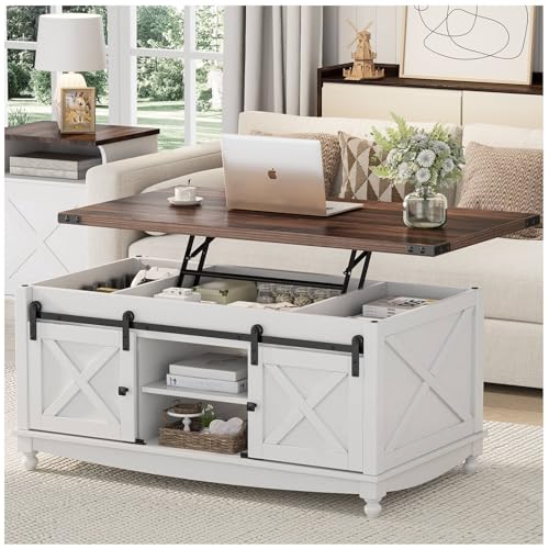 ALLSTAND 48" Farmhouse Lift Top Coffee Table with Storage Sliding Barn Door & Large Hidden Compartment, Coffee Table with Lifting Top with Wooden Lift Tabletop, Storage Coffee Table for Living Room ALLSTAND