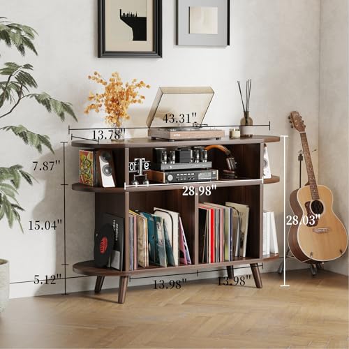LIVEHOM Large Round Record Player Stand, Wood Record Storage Cabinet, Vinyl Record Holder with Display Area, Mid Century Modern Turntable for Living Room, Bedroom LIVEHOM
