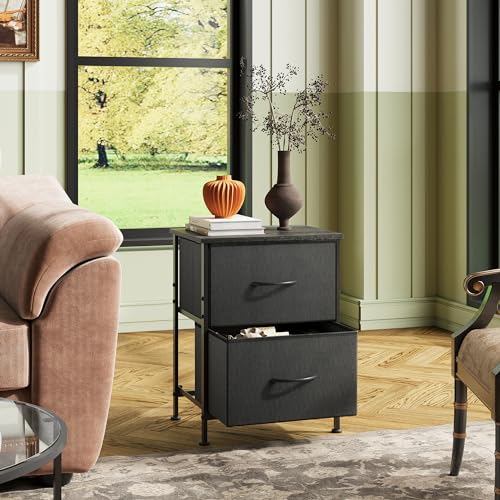 WLIVE Black Night Stand, Small Dresser with 2 Drawers & Wooden Top, Nightstand with Fabric Bins, Bedside Table End Table for Bedroom, Closet, Entryway, College Dorm, Charcoal Black WLIVE