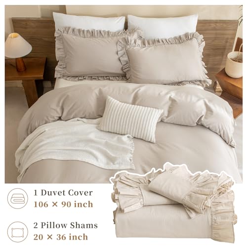 QSH Washed Cotton Duvet Cover King Ruffle Duvet Cover Linen Textured Farmhouse Shabby Vintage Chic Bedding Comforter Cover 3 PCs Aesthetic French Country Vintage King Bedding QSH