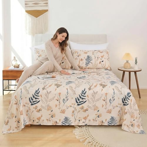 JSD Boho Floral Printed Sheet Set Full Size, 4 Piece, Soft Botanical Pattern Microfiber Sheets Extra Deep Pocket JSD