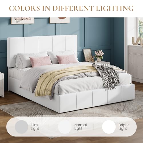 SHA CERLIN Full Size Bed Frame, Velvet Upholstered Platform Bed, Vertical Channel Tufted Adjustable Headboard, Low Profile Bed Frame, No Box Spring Needed, Easy Assembly, White SHA CERLIN