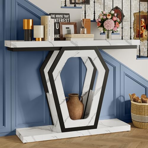 FUSUNBAO 47.3" Console Table,Openwork Bracket Sofa Table, Wood Narrow Entryway Table for Hallway, Behind The Couch, Living Room, Foyer, Easy Assembly(White Marble Texture) FUSUNBAO