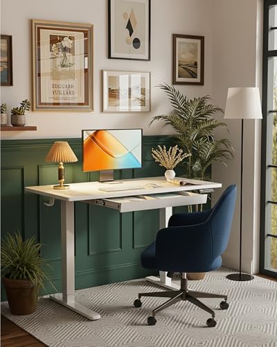 ErGear 44 inch Electric Standing Desk with Drawers, Adjustable Height with Storgear, 4 Memory Height Settings, Sit Stand Up Desk for Home Office & Computer Workstation, White ErGear