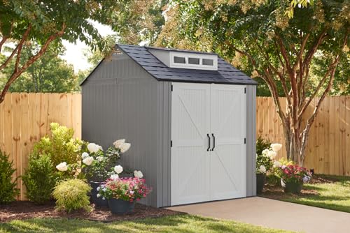 Rubbermaid Resin Outdoor Storage Shed With Floor (7 x 7 Ft), Weather Resistant, Gray, Organization for Home/Backyard/Garden Tools/Lawn Mower/Bike Storage/Pool Supplies Rubbermaid