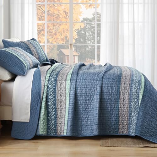 Menghomeus Blue Quilt Set King Size, 3 Pieces Striped Patchwork Quilted Bedding Sets, Soft Lightweight King Bedspreads Coverlets Bedding Set for All Seasons 104"x90" Menghomeus