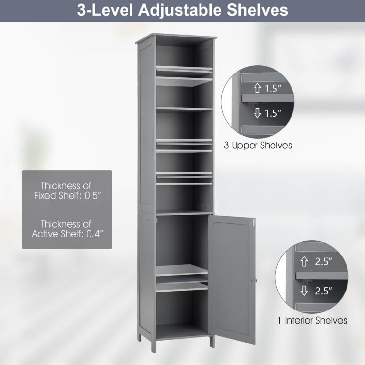 WATERJOY 72'' Grey Tall Storage Cabinet with Adjustable Shelves and Soft-Close Door WATERJOY