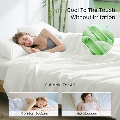 Love's cabin 4 Piece Full Size Sheet Set, Cooling Sheets, 100% Rayon Derived from Bamboo, Breathable & Soft Full Size Bed Set, Deep Pocket Up to 16", Hotel Luxury Silky Bedding Sheets, White Love's cabin